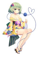 Rule 34 | 1girl, absurdres, bare shoulders, blush, breasts, cho kagaku no rei kyoju, closed mouth, expressionless, eyeball, green eyes, green hair, hair ornament, heart, heart of string, highres, japanese clothes, kimono, komeiji koishi, long sleeves, looking at viewer, off shoulder, short hair, simple background, sitting, small breasts, solo, third eye, touhou, transparent background, wavy hair, wide sleeves, yukata