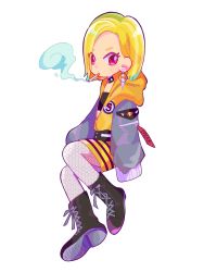 Rule 34 | 1girl, bad id, bad pixiv id, beedrill, black footwear, black tube top, blonde hair, blush, blush stickers, cigarette, clothes writing, creatures (company), earrings, english text, female focus, flat chest, full body, game freak, gen 1 pokemon, hood, hood down, hoodie, invisible chair, jacket, jewelry, looking at viewer, mouth hold, narumame, nintendo, orange jacket, orange skirt, personification, poke ball, poke ball (basic), pokemon, red eyes, short hair, simple background, sitting, skirt, sleeves past fingers, sleeves past wrists, smoking, solo, strapless, striped clothes, striped skirt, tube top, white legwear, yellow background