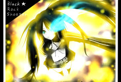 Rule 34 | 10s, 1girl, belt, bikini, bikini top only, black hair, black rock shooter, black rock shooter (character), blue eyes, boots, coat, do-tan, flat chest, front-tie top, gloves, glowing, glowing eye, glowing eyes, green eyes, hatsune miku, hood, hooded jacket, jacket, knee boots, long hair, midriff, navel, pale skin, short shorts, shorts, solo, star (symbol), swimsuit, tando, twintails, uneven twintails, very long hair, vocaloid