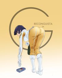 Rule 34 | 1girl, aobito sukoyaka bystander, bent over, black hair, blue eyes, boots, breasts, from behind, gloves, gundam, gundam g no reconguista, highres, manny ambassada, medium breasts, open mouth, pilot suit, reaching, short hair, solo, white footwear, white gloves