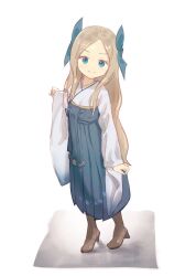 Rule 34 | 1girl, asakaze (kancolle), blue bow, blue eyes, blue hakama, boots, bow, brown footwear, full body, hair bow, hakama, hakama skirt, highres, japanese clothes, kantai collection, light brown hair, long hair, long sleeves, looking at viewer, meiji schoolgirl uniform, simple background, skirt, smile, solo, standing, very long hair, wide sleeves, yasushi