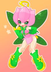Rule 34 | 1girl, bandai, bare legs, boots, breasts, chibi, curvy, digimon, fairy, fairy wings, female focus, flower, legs, lilimon, looking at viewer, nail polish, plant, solo, tongue, vines, wings