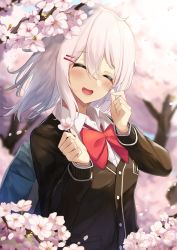 Rule 34 | 1girl, bag, black jacket, blazer, blurry, blurry background, blush, bow, bowtie, breasts, cherry blossoms, closed eyes, collared shirt, commentary request, facing viewer, floating hair, hair between eyes, hair ornament, hairclip, highres, holding, holding petal, igayan, jacket, long sleeves, medium breasts, open mouth, original, petals, red bow, school uniform, shirt, shoulder bag, sidelocks, small breasts, solo, tree, uniform, white hair, white shirt