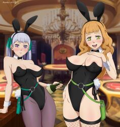 2girls areola_slip bad_tag big_breasts black_clover blush breasts cousins curvy female_focus fishnets green_eyes large_breasts leotard looking_at_viewer mandio_art mimosa_vermillion multiple_girls nipples noelle_silva orange_hair pantyhose playboy_bunny purple_eyes rabbit_ears silver_hair thick_thighs thighhighs thighs twintails