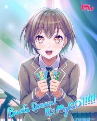 Rule 34 | 1girl, artist request, bandaid, bang dream!, bang dream! it&#039;s mygo!!!!!, blazer, brown eyes, collared shirt, copyright name, diagonal-striped clothes, diagonal-striped necktie, green necktie, grey hair, grey jacket, highres, jacket, long sleeves, necktie, official art, ooarai school uniform, open mouth, school uniform, shirt, short hair, solo, sparkling eyes, striped clothes, takamatsu tomori, teeth, telescope, upper teeth only, white shirt