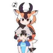 Rule 34 | 2girls, animal ears, animated, behind another, bird tail, brown hair, cheek poking, clothes writing, commentary, gloves, greater roadrunner (kemono friends), grey hair, horizontal pupils, horns, jacket, kemono friends, kemono friends 2, long sleeves, multicolored hair, multiple girls, musical note, poking, pronghorn (kemono friends), shirt, short sleeves, smile, spoken musical note, t-shirt, tail, taro (tontaro), video, white hair, yellow eyes