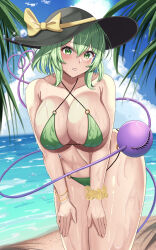 Rule 34 | 1girl, absurdres, alternate breast size, beach, bikini, black hat, blush, bow, breasts, eyeball, green eyes, green hair, hands on own thighs, hat, hat ribbon, heart, heart of string, highres, hossy, komeiji koishi, large breasts, leaning forward, looking at viewer, ribbon, short hair, solo, swimsuit, third eye, touhou, water, water drop, yellow bikini, yellow bow