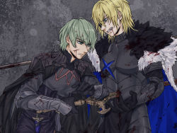 Rule 34 | 2boys, areadbhar (weapon), armor, black gloves, blonde hair, blood, blood on clothes, blood on face, bloody weapon, byleth (fire emblem), byleth (male) (fire emblem), cape, clenched teeth, dimitri alexandre blaiddyd, eyepatch, fire emblem, fire emblem: three houses, from side, fur trim, gloves, greaves, green eyes, green hair, helk0es, heroes relic (fire emblem), holding, holding lance, holding polearm, holding sword, holding weapon, lance, multiple boys, nintendo, polearm, stab, sword, sword of the creator, teeth, weapon