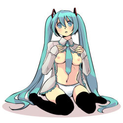Rule 34 | 1girl, aqua eyes, aqua hair, bad id, bad pixiv id, breasts, female focus, hatsune miku, large breasts, long hair, necktie, nipples, open clothes, open shirt, panties, shirt, sitting, solo, thighhighs, twintails, underwear, very long hair, vocaloid, wariza, white background, windbard