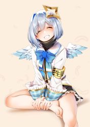 Rule 34 | 1girl, amane kanata, angel wings, armband, bare legs, barefoot, black skirt, blush, bob cut, casino (casinoep), closed eyes, closed mouth, colored inner hair, commentary, facing viewer, feet, frilled skirt, frills, grin, halo, highres, hololive, legs, long sleeves, mini wings, multicolored hair, revision, short hair, silver hair, single hair intake, sitting, skirt, smile, soles, solo, star halo, teeth, toes, v arms, virtual youtuber, wings