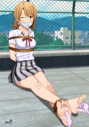 Rule 34 | 1girl, absurdres, arms behind back, barefoot, bdsm, blush, body blush, bondage, bound, bound ankles, breast bondage, breasts, brown eyes, brown hair, cloth gag, collarbone, gag, gagged, hair between eyes, highres, improvised gag, isshiki iroha, legs, long legs, looking at viewer, miniskirt, open collar, over the mouth gag, ribbon, rope, school uniform, shadow xcp, skirt, tickling, toenails, toes, yahari ore no seishun lovecome wa machigatteiru.