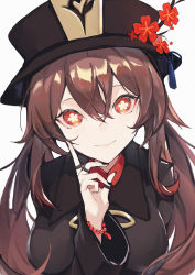 Rule 34 | 1girl, absurdres, bead bracelet, beads, black hat, black nails, blush, bracelet, brooch, brown hair, chinese clothes, closed mouth, coat, collared coat, collared shirt, commentary, fanshu, flower, flower-shaped pupils, genshin impact, gradient hair, hair between eyes, hat, hat flower, hat ornament, highres, hu tao (genshin impact), jewelry, long hair, long sleeves, looking at viewer, multicolored hair, multiple rings, nail polish, plum blossoms, porkpie hat, red eyes, red flower, red hair, red shirt, ring, shirt, sidelocks, simple background, smile, solo, symbol-shaped pupils, talisman, tassel, twintails, two-tone hair, upper body, white background