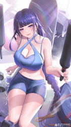 Rule 34 | 1girl, bare arms, bare shoulders, blue shorts, blunt bangs, bottle, braid, breasts, cleavage, commentary request, criss-cross halter, crop top, feet out of frame, genshin impact, halterneck, head tilt, highres, holding, large breasts, long braid, long hair, midriff, mole, mole under eye, navel, pink lips, purple eyes, purple hair, raiden shogun, short shorts, shorts, sitting, solo, stomach, thighs, very long hair, yuxing yuhang