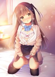 Rule 34 | 1girl, bed sheet, black skirt, black thighhighs, blue bow, blush, bow, bow bra, bra, breasts, brown cardigan, brown eyes, brown hair, cameltoe, cardigan, cleavage, clothes lift, collared shirt, commentary request, dress shirt, frilled bra, frills, hair bow, head tilt, indoors, kneeling, lifting own clothes, long hair, long sleeves, looking at viewer, medium breasts, nose blush, off shoulder, open cardigan, open clothes, open shirt, original, panties, parted lips, pleated skirt, school uniform, shibainu niki, shirt, skindentation, skirt, skirt lift, sleeves past wrists, solo, thighhighs, two side up, underwear, very long hair, white bra, white panties, white shirt, window