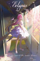 Rule 34 | 1girl, absurdres, artist name, bare legs, bare shoulders, bird, blue eyes, breasts, character name, cherry blossoms, dated, detached sleeves, dress, elf, elysia (honkai impact), elysia (miss pink elf) (honkai impact), english text, falling petals, flying, frilled sleeves, frills, hair between eyes, high heels, highres, honkai (series), honkai impact 3rd, indoors, long hair, looking at viewer, mordred (xygvai), petals, pink hair, pink pupils, pointy ears, ponytail, short sleeves, smile, solo, very long hair, white dress, white footwear, window