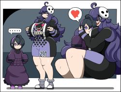Rule 34 | 1boy, 1girl, @ @, absurdres, ahoge, allister (pokemon), black hair, blush, boots, border, breasts, closed mouth, cosplay, costume switch, creatures (company), crossdressing, curvy, dress, full body, game freak, gothic taco, hairband, heart, hex maniac (pokemon), highres, hug, huge breasts, long dress, long hair, long sleeves, mask, mask on head, matching hair/eyes, messy hair, nintendo, open mouth, oversized clothes, pokemon, pokemon swsh, pokemon xy, purple dress, purple eyes, purple hair, shoes, simple background, size difference, sleeves past wrists, smile, sneakers, spoken heart, standing, thick thighs, thighs, turtleneck, white border, wide hips