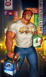 Rule 34 | 1boy, abs, ahoge, bag, bara, beard, biceps, blurry, blurry background, book, bracelet, bulge, character name, copyright name, denim, facial hair, fate/grand order, fate/zero, fate (series), feet out of frame, figure, glasses, highres, iskandar (fate), jeans, jewelry, large pectorals, looking at viewer, lrpanda00, male focus, muscular, outdoors, pants, pectorals, red eyes, red hair, sensha otoko, shirt, shopping bag, short hair, smile, solo, standing, t-shirt, teeth, thighs, veins, veiny hands, waver velvet, wristband