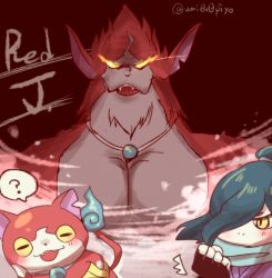 Rule 34 | 10s, 1boy, ?, black gloves, blush, cat, character name, closed eyes, fangs, fingerless gloves, gloves, glowing, glowing eyes, green hair, hair over one eye, haramaki, jibanyan, long hair, monster boy, notched ear, open mouth, orochi (youkai watch), pointy ears, red j, speech bubble, spoken question mark, twitter username, umi (srtm07), yellow eyes, traditional youkai, youkai watch