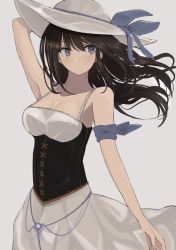 Rule 34 | 1girl, arm scarf, arm up, blue eyes, blue ribbon, brown hair, collarbone, commentary, commentary request, corset, dress, english commentary, grey background, hat, hat ribbon, highres, hinomaru (futagun), long hair, looking away, mixed-language commentary, original, parted lips, ribbon, simple background, sleeveless, sleeveless dress, solo, sun hat, upper body, white dress, white hat