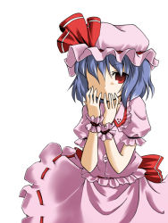 Rule 34 | 1girl, ;), blue hair, blush, comic, dress, female focus, frills, hat, looking at viewer, mob cap, one eye closed, pink dress, pink hat, puffy short sleeves, puffy sleeves, red eyes, remilia scarlet, short hair, short sleeves, simple background, smile, solo, togashi yuu, touhou, white background, wrist cuffs