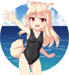Rule 34 | 1girl, :d, animal ear fluff, animal ears, binsen, black one-piece swimsuit, blonde hair, blush, breasts, cowboy shot, fang, gluteal fold, hair between eyes, hand up, long hair, looking at viewer, ocean, one-piece swimsuit, open mouth, original, petite, red eyes, small breasts, smile, solo, swimsuit, tail