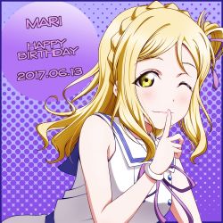 Rule 34 | 10s, 1girl, anibache, bare shoulders, blonde hair, blush, braid, character name, crown braid, dated, finger to mouth, hair rings, happy birthday, looking at viewer, love live!, love live! school idol festival, love live! sunshine!!, ohara mari, one eye closed, purple background, short hair, sleeveless, smile, solo, upper body, yellow eyes