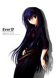 Rule 34 | 1girl, abn, against wall, belt, blue hair, bow, bowtie, dress, english text, engrish text, ever 17, goth fashion, hand on own hip, komachi tsugumi, lace, long hair, nail polish, pink nails, purple eyes, ranguage, shadow, simple background, smile, solo, standing, very long hair