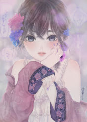 Rule 34 | 1girl, absurdres, bare shoulders, blue eyes, blue flower, blush, breasts, brown hair, chinese clothes, cleavage, eyelashes, floral print, flower, frills, hair flower, hair ornament, hand on own cheek, hand on own face, head rest, highres, jewelry, lantern, lingerie, looking at viewer, nail polish, off shoulder, original, parted lips, pink flower, purple flower, purple nails, ring, sleeves past wrists, solo, underwear, upper body, ushiyama ame