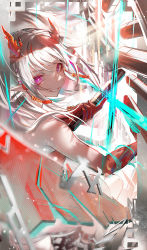 Rule 34 | 1girl, abstract background, absurdres, arknights, bare shoulders, bead bracelet, beads, blush, bracelet, colored skin, commentary request, dragon horns, from behind, gradient skin, grin, highres, holding, horns, jewelry, long hair, looking at viewer, looking back, multicolored hair, nian (arknights), parted lips, pointy ears, purple eyes, red hair, red skin, silver hair, smile, solo, streaked hair, two-tone hair, v-shaped eyebrows, yo-ba yo