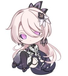 Rule 34 | 1girl, black footwear, black sclera, black thighhighs, chibi, closed mouth, colored sclera, dress, full body, hair over one eye, honkai (series), honkai impact 3rd, knees together feet apart, light brown hair, long hair, looking at viewer, pink eyes, potato 258, sa (honkai impact), shoes, short sleeves, simple background, sketch, solo, thighhighs, very long hair, white background, white dress