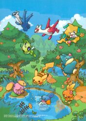 Rule 34 | 2005, 6+others, absurdres, berry (pokemon), black eyes, blue sky, bush, celebi, claws, cloud, copyright name, creatures (company), dated, day, dragon, flying, forest, full body, game freak, gen 1 pokemon, gen 2 pokemon, gen 3 pokemon, gen 4 pokemon, grass, happy, highres, jirachi, jumping, latias, latios, legendary pokemon, looking at another, mudkip, multiple others, munchlax, mythical pokemon, nature, nintendo, no humans, official art, open mouth, outdoors, pikachu, pokemon, pokemon (creature), red eyes, sky, smile, splashing, tail, torchic, tree, water, whismur, yellow eyes