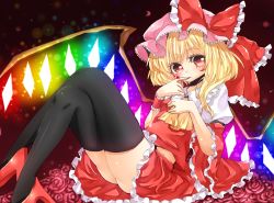 Rule 34 | 1girl, arare mochiko, armband, ascot, blonde hair, bow, choker, enonimikulen, eyelashes, female focus, finger to mouth, flandre scarlet, flower, glowing, gradient background, hair bow, hat, hat ribbon, high heels, light particles, long sleeves, looking at viewer, midriff, mob cap, reclining, red eyes, red flower, red rose, ribbon, rose, shoes, short hair, side ponytail, skirt, skirt set, solo, thighhighs, touhou, wide sleeves, wings