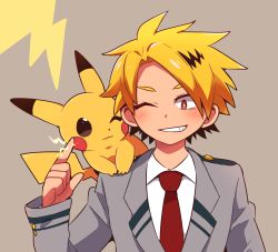 Rule 34 | 1boy, :3, blonde hair, blush, blush stickers, boku no hero academia, brown background, brown eyes, brown hair, closed mouth, collared shirt, creatures (company), crossover, electricity, eye contact, forehead, game freak, gen 1 pokemon, grey jacket, grin, hair intakes, hand up, happy, highres, index finger raised, jacket, kaminari denki, lightning bolt symbol, long sleeves, looking at another, male focus, multicolored hair, necktie, nintendo, on shoulder, one eye closed, pikachu, pokemon, pokemon (creature), pokemon on shoulder, red necktie, school uniform, shirt, short hair, simple background, smile, spiked hair, straight-on, subaru331, teeth, two-tone hair, upper body, white shirt