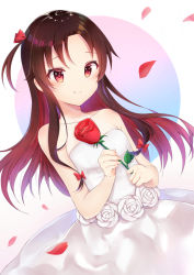 Rule 34 | 10s, 1girl, bare arms, bare shoulders, bow, brown hair, closed mouth, collarbone, commentary request, dress, dutch angle, flower, gradient hair, hair bow, highres, holding, holding flower, long hair, looking at viewer, multicolored hair, one side up, petals, red bow, red eyes, red flower, red rose, rose, rose petals, ryuuou no oshigoto!, shiarisu, smile, solo, strapless, strapless dress, very long hair, wedding dress, white dress, yashajin ai