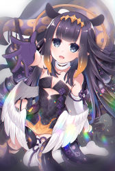 Rule 34 | 1girl, :d, arm support, bad id, bad pixiv id, bare shoulders, black dress, black gloves, blue eyes, blunt bangs, breasts, collar, detached sleeves, dress, feathered wings, flat chest, foreshortening, gloves, half gloves, halo, headpiece, highres, hololive, hololive english, kneeling, ko yu, long hair, looking at viewer, low wings, ninomae ina&#039;nis, ninomae ina&#039;nis (1st costume), open mouth, outstretched arm, pointy ears, purple hair, reaching, reaching towards viewer, sidelocks, small breasts, smile, solo, strapless, strapless dress, tentacle hair, tentacles, thighhighs, very long hair, virtual youtuber, white thighhighs, white wings, wings