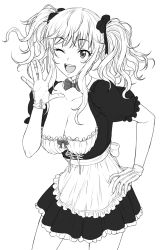 Rule 34 | 1girl, ;d, alternate costume, bow, bowtie, breasts, cleavage, collarbone, commentary request, detached collar, enmaided, floating hair, gloves, greyscale, hair bow, hair ribbon, hand on own hip, highres, idolmaster, idolmaster cinderella girls, large breasts, maid, monochrome, nigou, one eye closed, ohtsuki yui, open mouth, ribbon, simple background, smile, solo, twintails, waving, white background