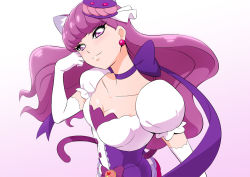 Rule 34 | 1girl, :3, animal ears, bow, breasts, cat ears, cat tail, choker, cleavage, collarbone, cure macaron, earrings, elbow gloves, floating hair, food-themed hair ornament, fuchi (nightmare), gloves, hair ornament, head tilt, jewelry, kirakira precure a la mode, long hair, macaron hair ornament, medium breasts, precure, purple bow, purple eyes, purple hair, purple ribbon, ribbon, ribbon choker, shirt, short sleeves, solo, tail, upper body, very long hair, white background, white gloves, white shirt