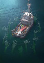 Rule 34 | boat, cannon, death, drum (container), fins, harpoon, harpoon cannon, harpoon gun, hayapi (sinsin08051), highres, horror (theme), injury, lifebuoy, mermaid, merman, monster boy, monster girl, multiple boys, ocean, open mouth, original, overalls, rust, short hair, submerged, swim ring, teeth, watercraft, weapon