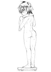 Rule 34 | 1girl, ass, barefoot, blush, closed mouth, commentary request, completely nude, female focus, full body, greyscale, mizu, monochrome, nude, original, short hair, simple background, solo, tomboy, weighing scale