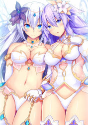 Rule 34 | 10s, 2girls, black heart (neptunia), blue eyes, blush, breasts, cleavage, daiaru, detached collar, detached sleeves, elbow gloves, four goddesses online: cyber dimension neptune, garter straps, gloves, highres, large breasts, long hair, looking at viewer, multiple girls, navel, neptune (neptunia), neptune (series), noire (neptunia), parted lips, purple hair, purple heart (neptunia), smile, thighhighs