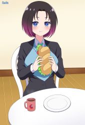 Rule 34 | 1girl, artist name, blue eyes, breasts, brown hair, chair, cup, eating, elma (maidragon), food, highres, holding, holding food, indoors, kobayashi-san chi no maidragon, large breasts, looking at viewer, medium breasts, mug, multicolored hair, necktie, office lady, purple hair, sandwich, sitting, solo, sweater vest, table, two-tone hair