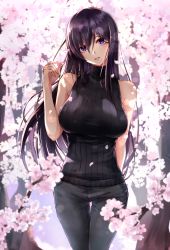 Rule 34 | 1girl, absurdres, alice gear aegis, arm behind back, bare shoulders, black hair, black pants, black sweater, breasts, cherry blossoms, commentary request, cowboy shot, day, fingernails, hair between eyes, hand up, highres, jewelry, kagome misaki, large breasts, long hair, looking at viewer, mole, mole under eye, outdoors, pants, parted lips, petals, purple eyes, puru (ex-150), ribbed sweater, sidelocks, sleeveless, sleeveless sweater, sleeveless turtleneck, smile, solo, standing, sweater, turtleneck, turtleneck sweater, very long hair