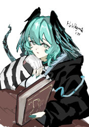 Rule 34 | 1girl, :o, absurdres, aqua eyes, aqua hair, aqua nails, aqua wings, arknights, black coat, book, breasts, coat, dress, feathered wings, fingerless gloves, gloves, hair between eyes, head wings, highres, ho&#039;olheyak (arknights), holding, holding book, looking at viewer, maf clothes, medium hair, nail polish, parted lips, pencil dress, sidelocks, simple background, snake tail, solo, tail, upper body, white background, white gloves, wings