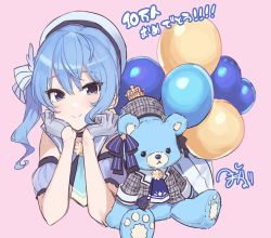 Rule 34 | 1girl, balloon, bare shoulders, beret, black bow, blue bow, blue eyes, blue hair, blush, bow, closed mouth, crown, gloves, hat, head rest, hololive, hoshimachi suisei, hoshimachi suisei (old design), looking at viewer, medium hair, pink background, side ponytail, signature, simple background, smile, solo, stuffed animal, stuffed toy, teddy bear, teshima nari, virtual youtuber, white bow, white gloves, white hat