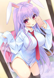 Rule 34 | 1girl, animal ears, bad id, bad pixiv id, bed, between breasts, black thighhighs, blush, breasts, cellphone, large breasts, long hair, looking at viewer, mirei, mirror, necktie, necktie between breasts, no pants, phone, purple hair, rabbit ears, red eyes, red necktie, reisen udongein inaba, selfie, shirt, sleeves past wrists, smartphone, smile, solo, thighhighs, touhou, very long hair, white shirt