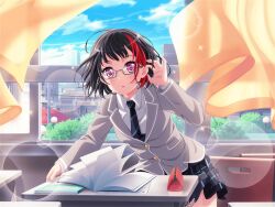 Rule 34 | 1girl, artist request, bang dream!, bespectacled, black hair, blazer, blue necktie, blue skirt, blue sky, book, buttons, chair, circle, classroom, cloud, collared shirt, commentary, curtains, day, desk, diagonal-striped clothes, diagonal-striped necktie, glasses, grey-framed eyewear, grey jacket, indoors, jacket, leaning to the side, long sleeves, looking at viewer, mitake ran, multicolored hair, necktie, official art, open book, parted lips, pencil case, plaid, plaid skirt, pleated skirt, purple eyes, rectangular eyewear, red hair, school, school desk, school uniform, shirt, skirt, sky, solo, streaked hair, striped clothes, two-tone hair, white shirt, wind, window