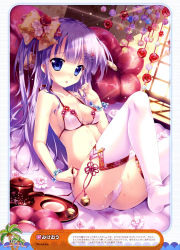 Rule 34 | 1girl, absurdres, bed sheet, bikini, blue eyes, bow, breasts, cameltoe, cleavage, collarbone, flower bracelet, hair bow, hair ornament, twirling hair, highres, indoors, long hair, looking at viewer, mikeou, one side up, original, parted lips, purple hair, red bow, side-tie bikini bottom, sideboob, small breasts, solo, swimsuit, thighhighs, untied bikini, wet, white bikini, white thighhighs, yellow bow