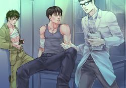 Rule 34 | 3boys, abs, age difference, bandages, eslicho (sho chan), glasses, male focus, multiple boys, muscular, phone