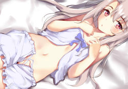 Rule 34 | 1girl, absurdres, bad id, bad pixiv id, bare shoulders, bed sheet, bloomers, blue ribbon, blush, fate/kaleid liner prisma illya, fate (series), from above, highres, illyasviel von einzbern, long hair, looking at viewer, lying, midriff, navel, on back, pajamas, pear sauce, pink eyes, ribbon, silver hair, solo, underwear, white bloomers