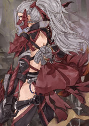 Rule 34 | 1girl, absurdres, armor, back cutout, bow, breasts, clothing cutout, from behind, grey hair, hair bow, highres, holding, holding weapon, kanmiya shinobu, long hair, looking at viewer, looking back, mask, monster hunter (series), monster hunter: world, odogaron (armor), pauldrons, ponytail, red eyes, shoulder armor, solo, weapon